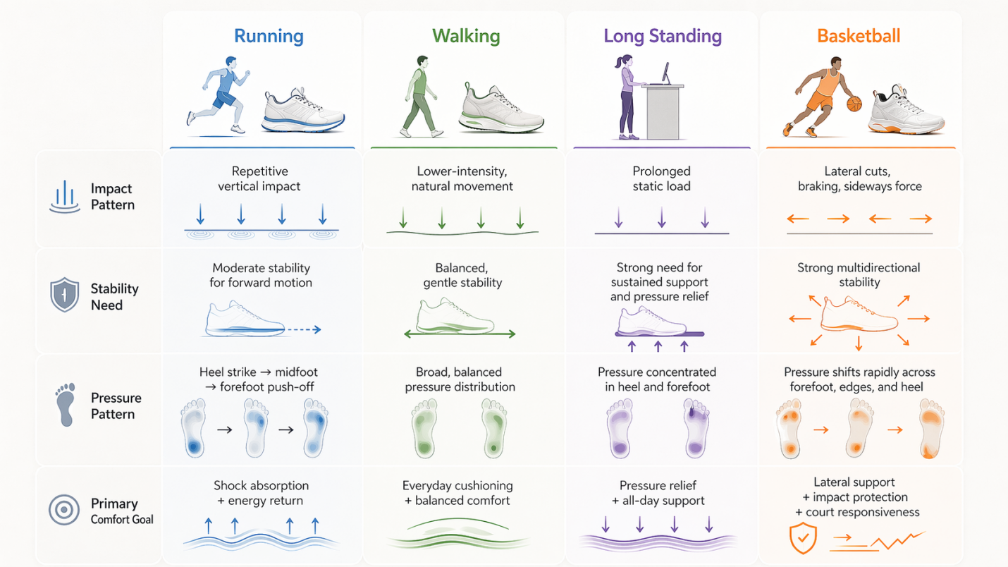 Comparison of running, walking, long standing, and court sports insole design needs