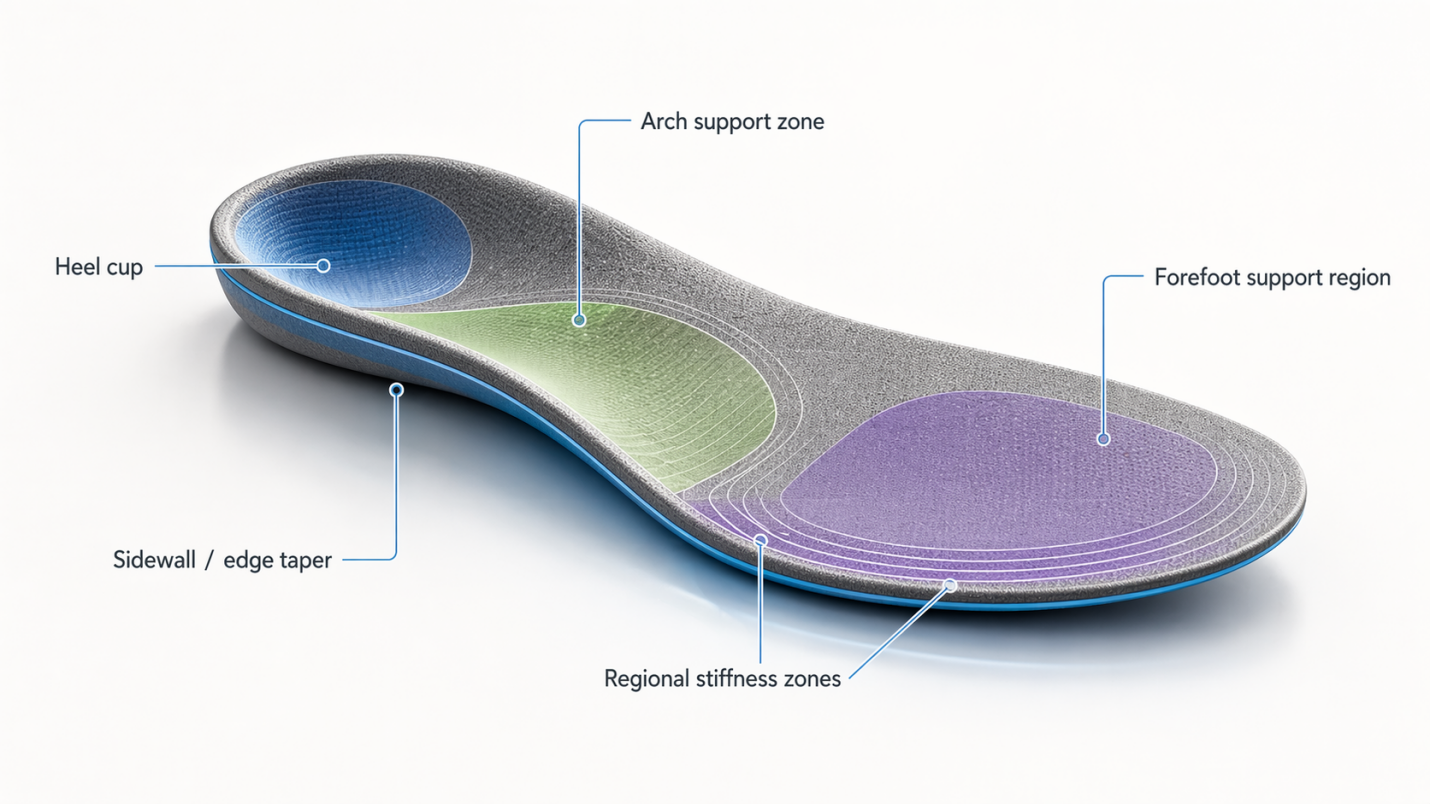 Annotated insole showing arch support zone, heel cup, forefoot support region, sidewall and edge taper, and regional stiffness zones