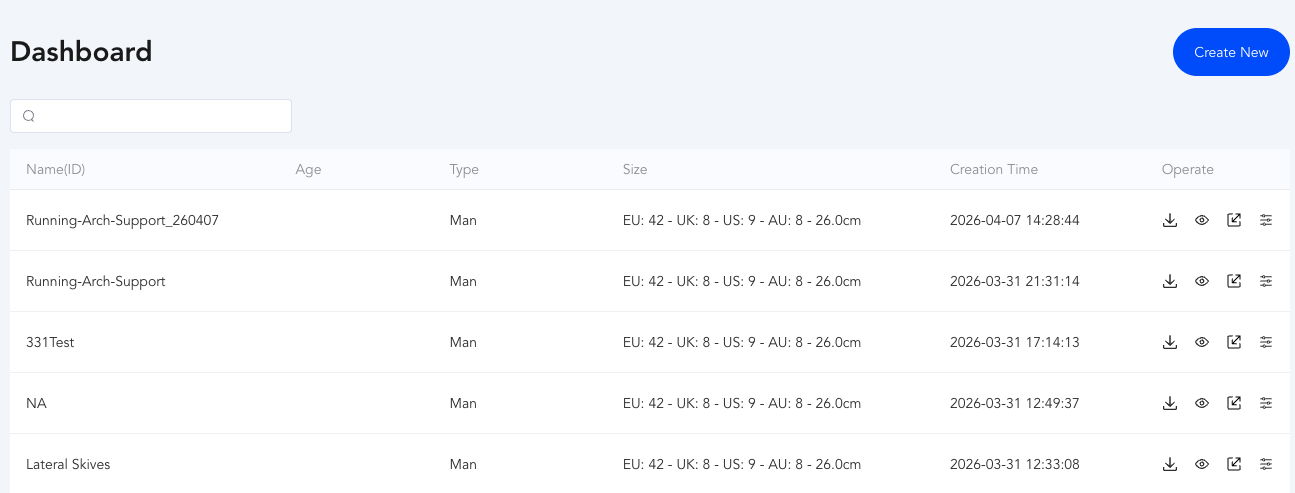 Ergono3D dashboard listing past design generations with size, creation time and download actions