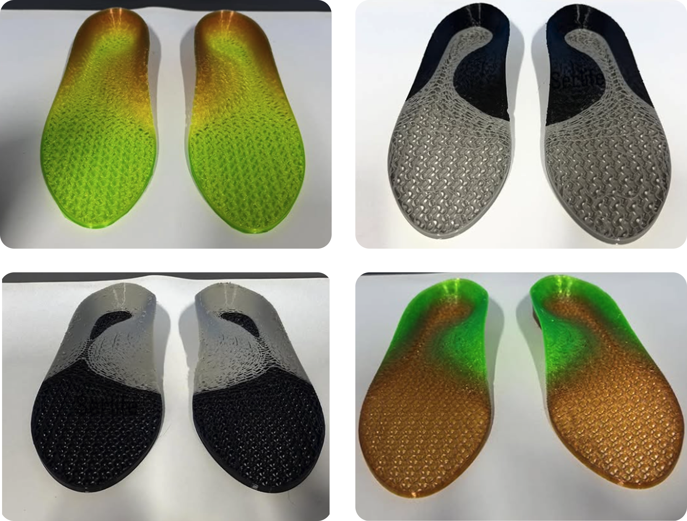 Four pairs of 3D-printed insoles showing variable TPU densities and colour combinations