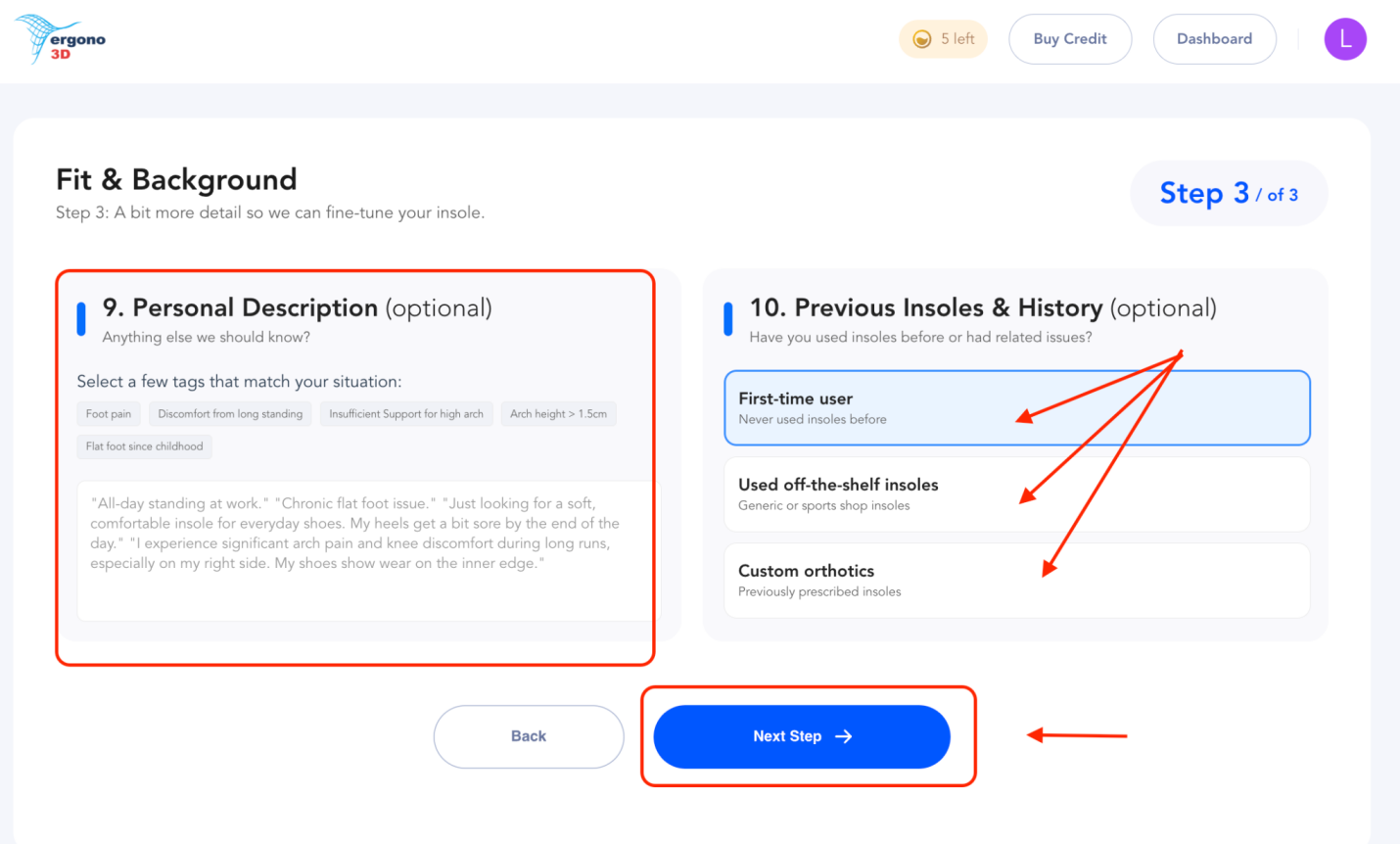 Step 3 fit and support setup screen